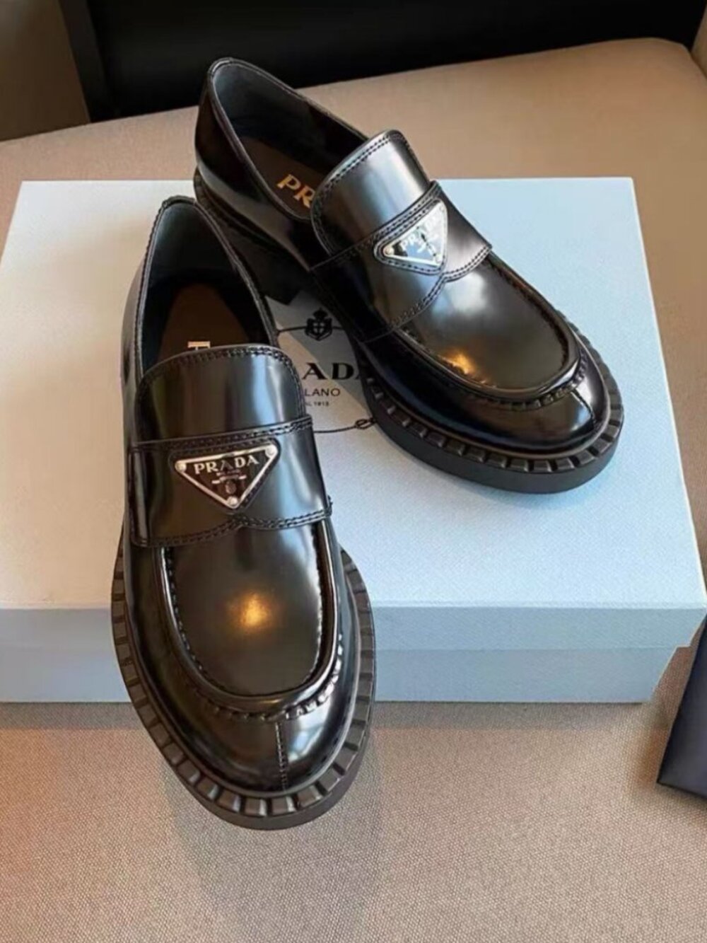 Prada Black Patent Leather Triangle Logo Lug‑Sole Chunky Loafers